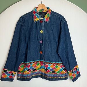 New Directions Vintage 90s Y2K Denim Jacket Multicolor Print Flower Button Up M